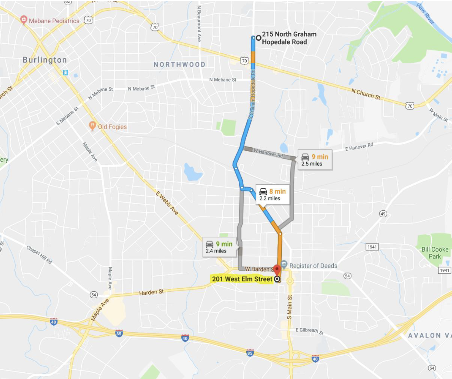 Map showing directions from current location at 215 N. Graham Hopedale Rd to new offices at 201 W. Elm St. in Graham Map showing directions from current location at 215 N. Graham Hopedale Rd to new offices at 201 W. Elm St. in Graham Map showing directions from current location at 215 N. Graham Hopedale Rd to new offices at 201 W. Elm St. in Graham