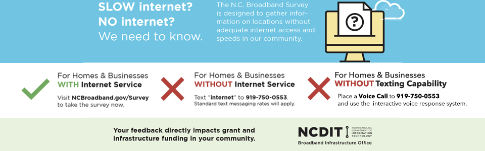 Slow Internet? No Internet? Take the NC DIT State Survey by clicking here. If you don't have internet access you can text "Internet" to 919-750-0553 or call that number to talk to the voice response system. Slow Internet? No Internet? Take the NC DIT State Survey by clicking here. If you don't have internet access you can text "Internet" to 919-750-0553 or call that number to talk to the voice response system. Slow Internet? No Internet? Take the NC DIT State Survey by clicking here. If you don't have internet access you can text "Internet" to 919-750-0553 or call that number to talk to the voice response system.