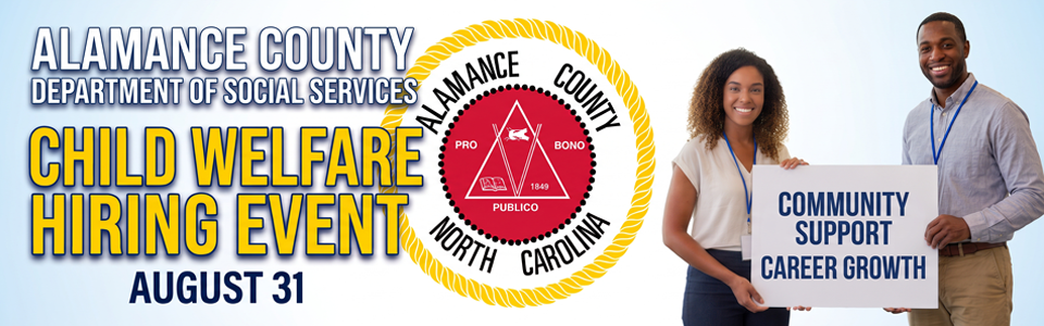 Flyer banner promoting Department of Social Services Child Welfare hiring event on August 31